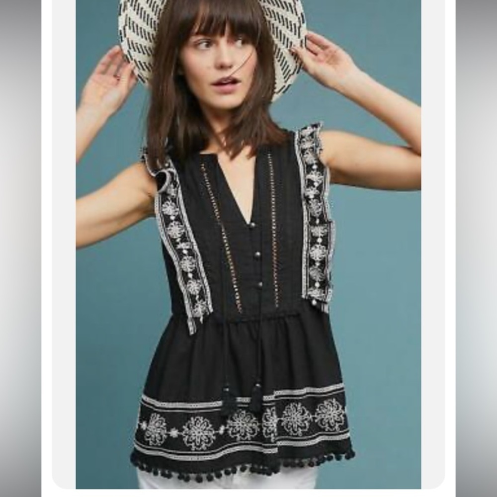 Anthropologie black embroidered ruffle sleeveless top